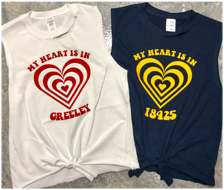CAMP HEART TIE FRONT MUSCLE TANK (LEFT & MIDDLE) CAMP “MY HEART IS IN” TIE FRONT MUSCLE TANK (RIGHT)