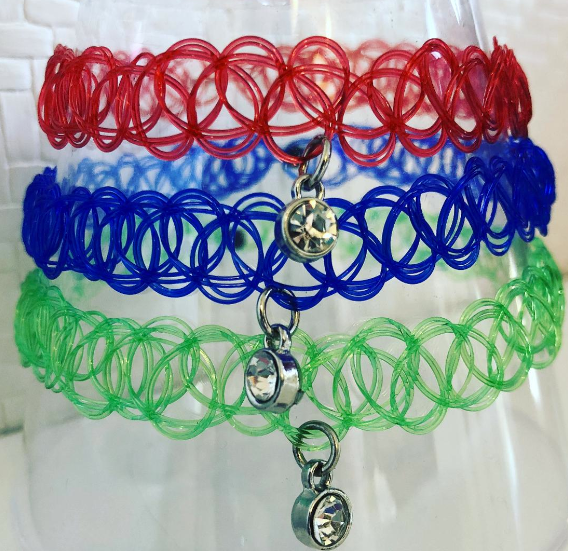 Tattoo Choker with Diamond Charm (Red, Blue or Green)