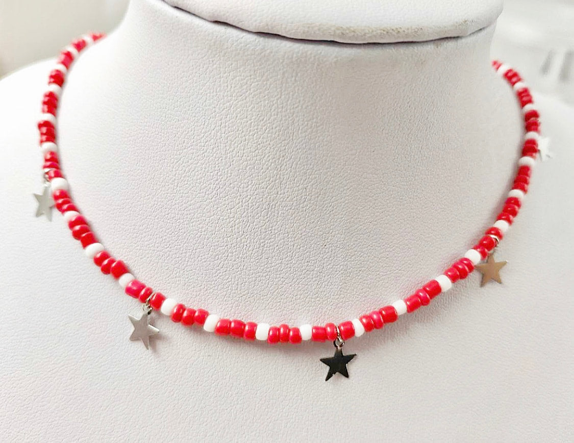 Camp and College Beaded Choker with 5 Hanging Stars (12 Color Options)
